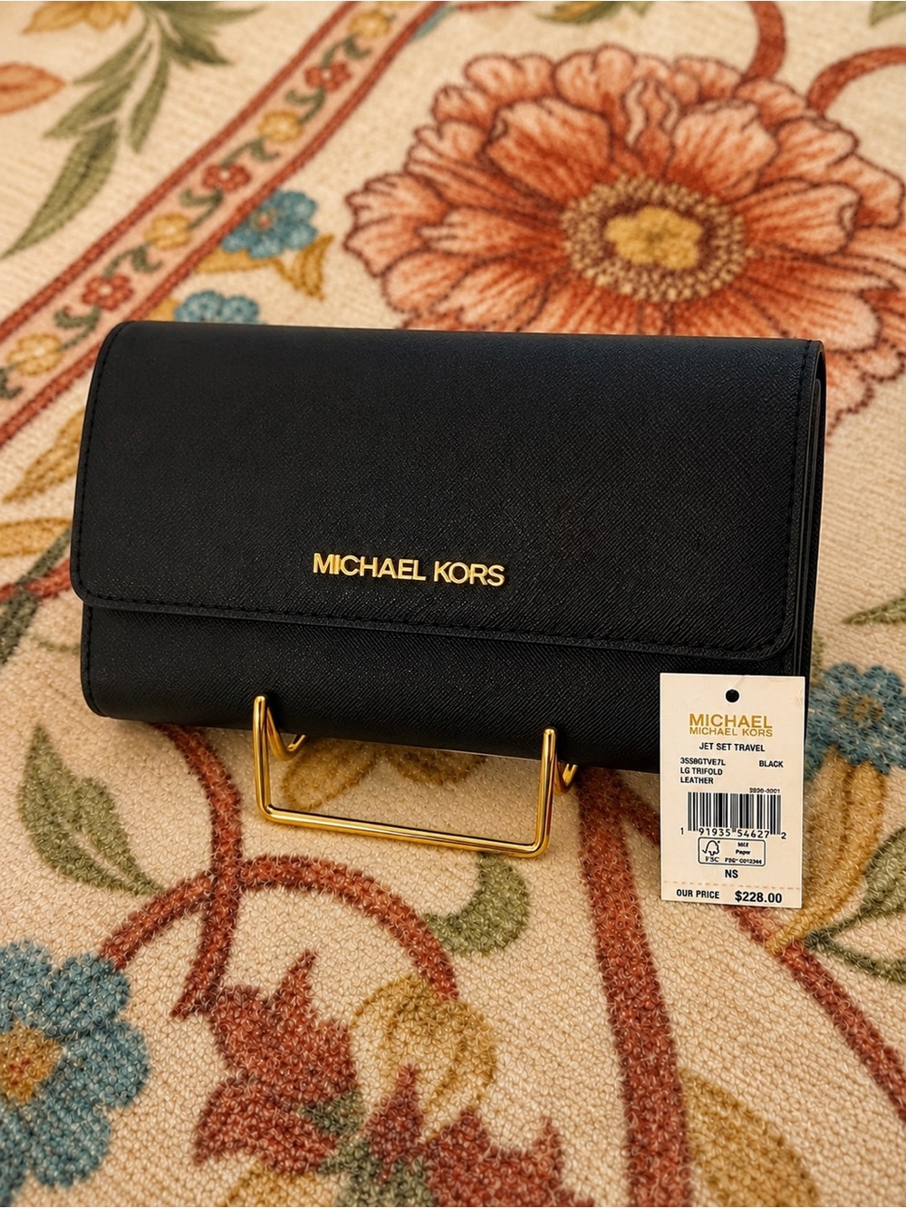 Michael Kors Black Leather Trifold Wallet with Gold Logo